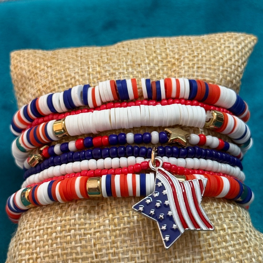 Patriotic Red White Blue Beaded Stack Bracelet Set NEW